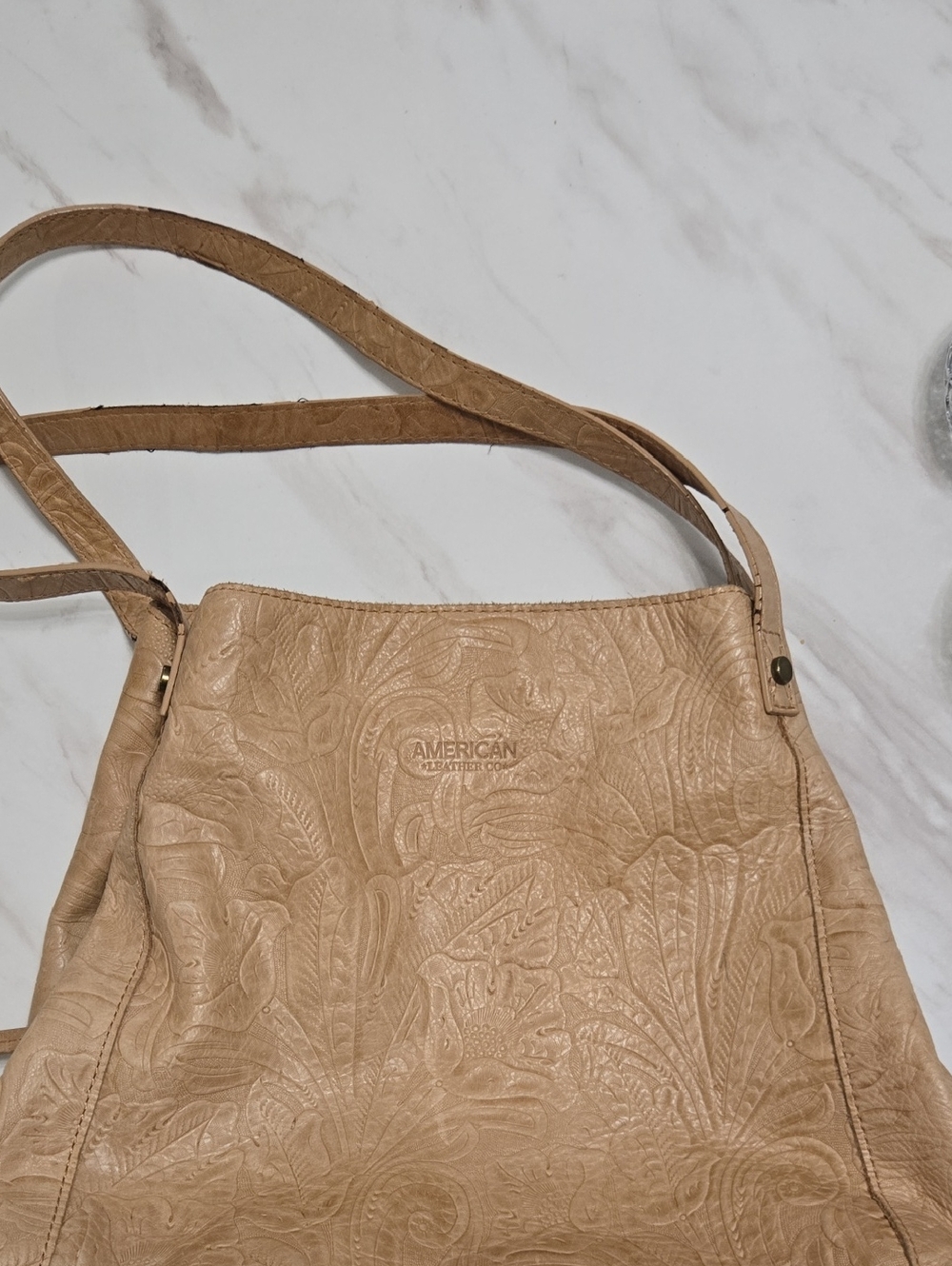 American Leather Embossed Floral Shoulder Bag in Tan